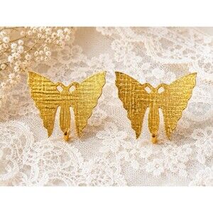 Vintage 1970s Gold Tone Butterfly Clip On Earrings Textured Naturecore
